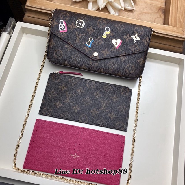 路易威登LV女包 LV鏈條女錢包 M63999 愛心鎖 特別版 Pochette Félicie鏈條錢夾 xxlv1427